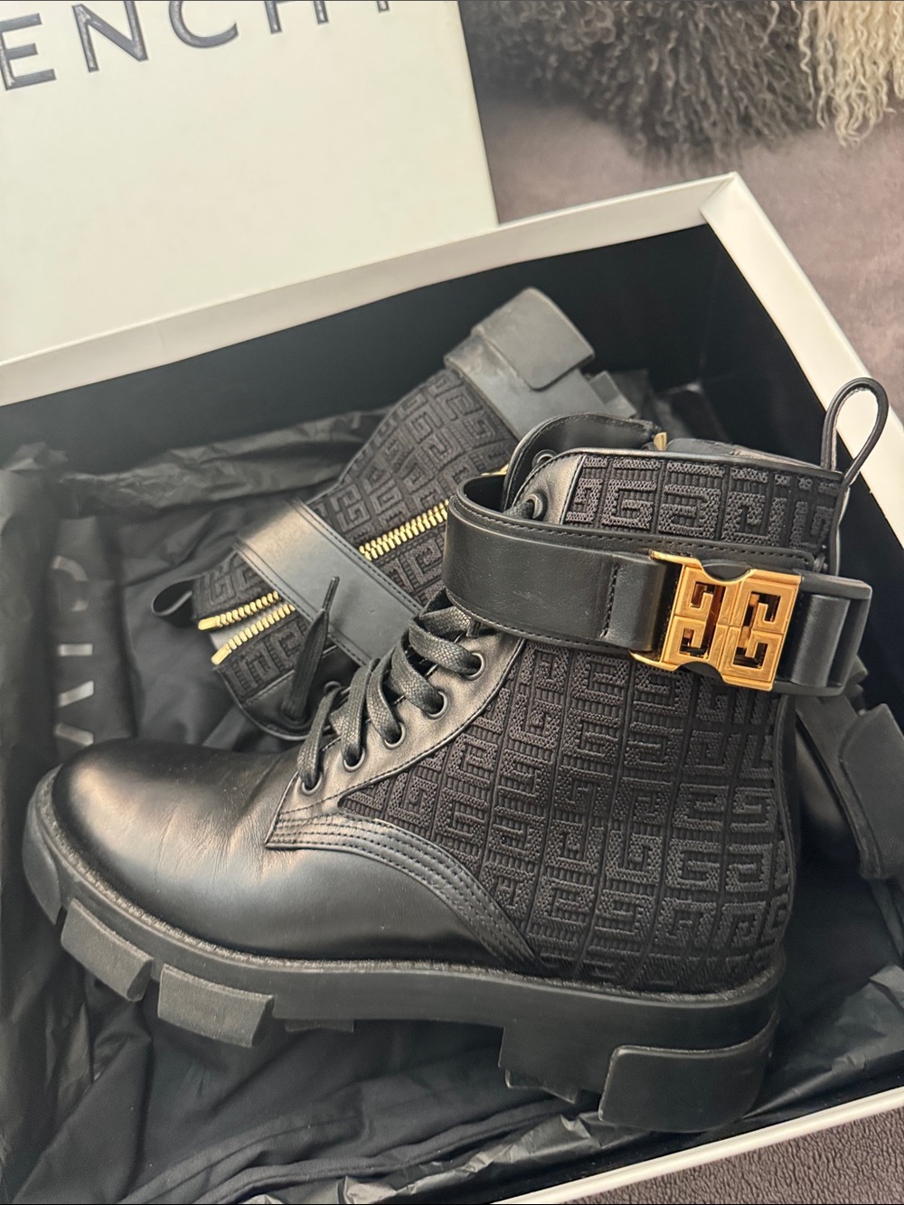 Givenchy Black Jacquard Combat Boots with Gold Buckle Accent